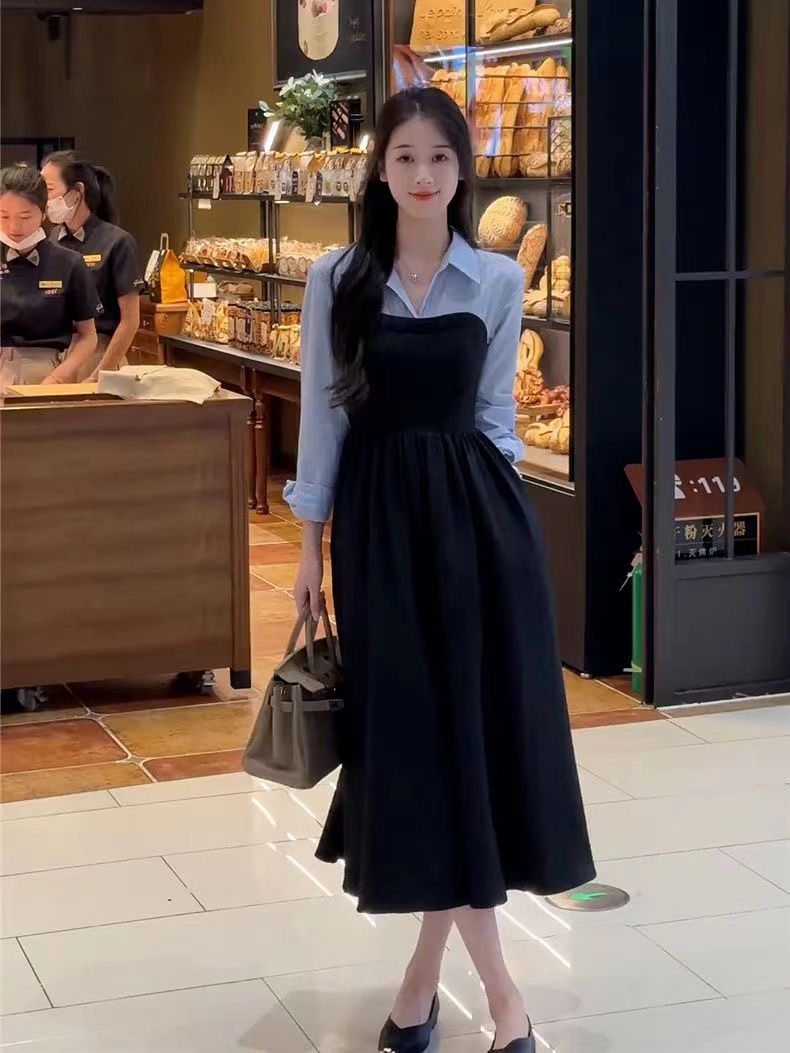 法式高端氣質女神高級感小黑裙赫本風襯衫假兩件連衣裙大碼春秋款