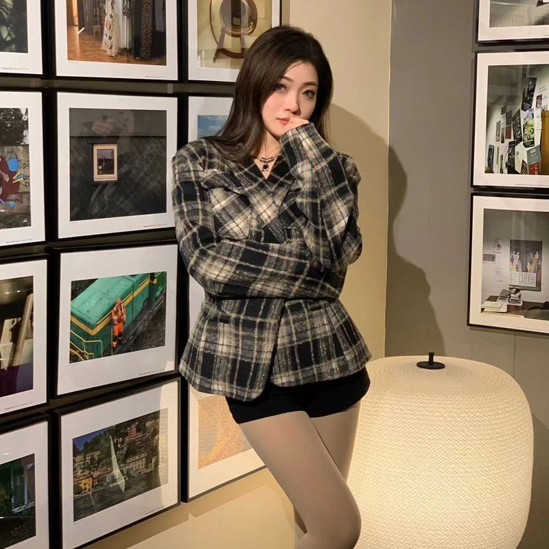 Plaid woolen preppy style waisted short coat slimming suit high-end top Maillard slimming suit jacket for women