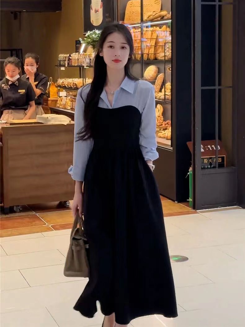 大碼胖mm春秋季新款女裝假兩件襯衫黑色長袖連衣裙子高級感搭配