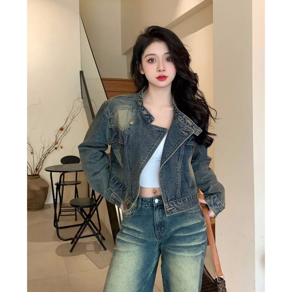 Hong Kong style retro stand-up collar denim short jacket for women spring and autumn new style small loose versatile outer jacket trendy top