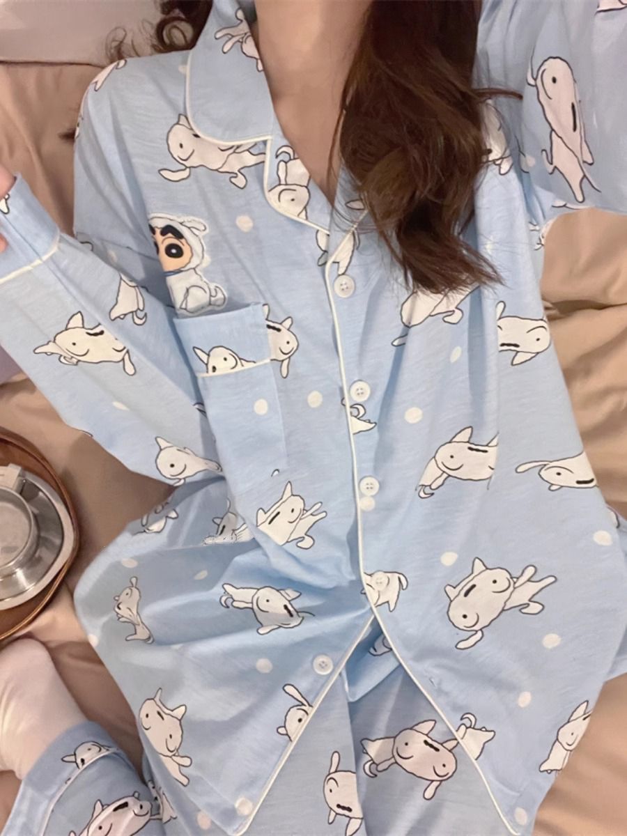 Crayon Shin-chan pajamas for women spring and autumn 2024 new cartoon sweet and cute long-sleeved trousers home wear two-piece set