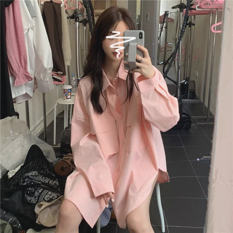 Pink simple retro long-sleeved shirt for women spring and summer new fashion Korean top loose sun protection shirt jacket