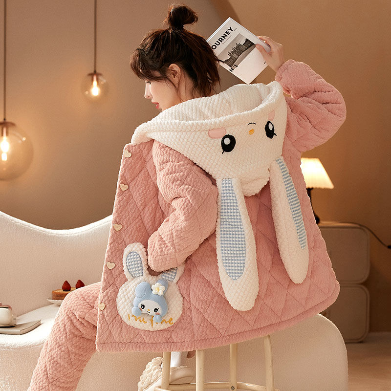 珊瑚絨連帽睡衣女冬季新款可愛連帽法蘭絨加厚保暖家居服睡衣套裝
