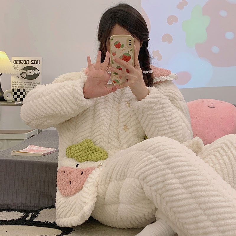 珊瑚絨睡衣女冬季新款保暖法蘭絨加絨加厚甜美可愛家居服套裝外穿