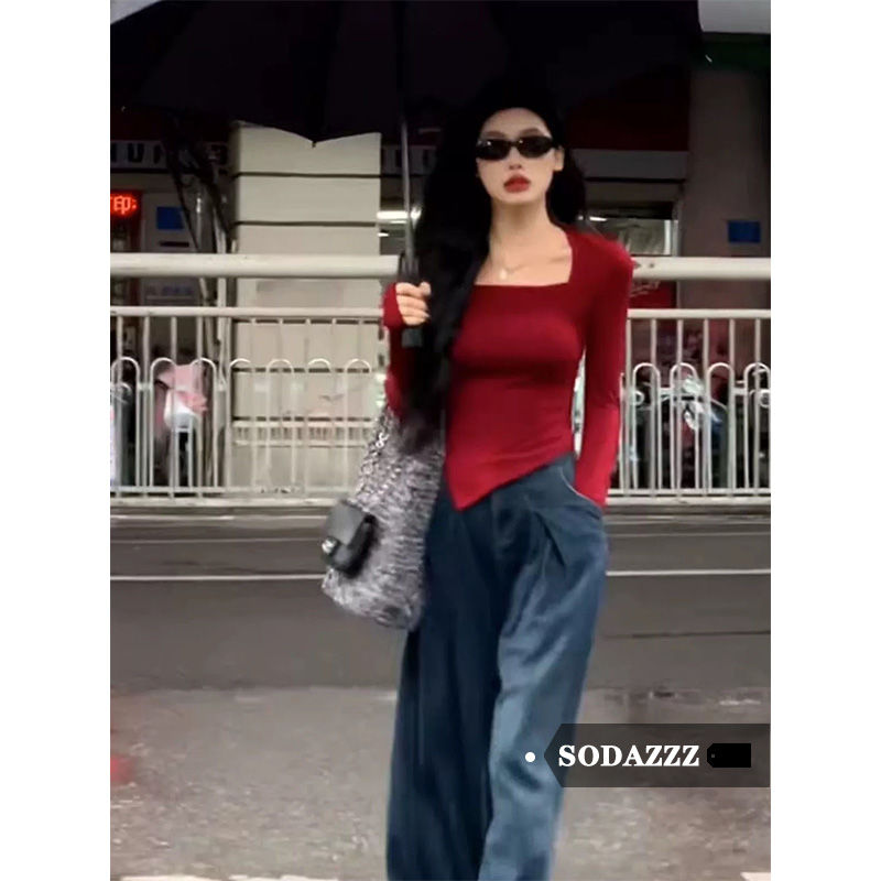 SODAZZZ American retro gentle long-sleeved T-shirt square collar women's spring and autumn slimming irregular design tops for women