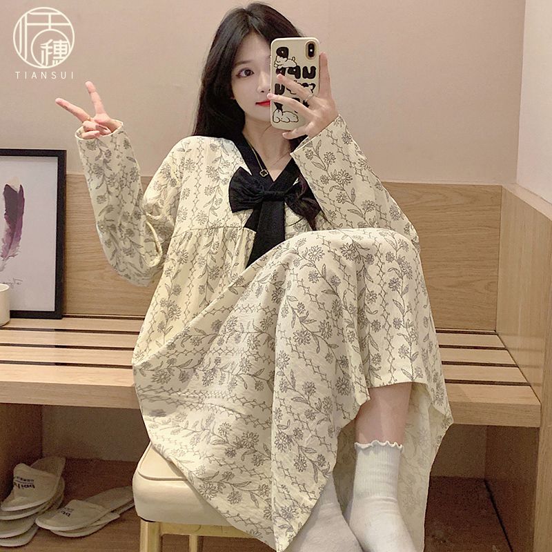 2024新款睡裙女春秋可愛卡通連衣裙睡衣薄款長袖蝴蝶結家居服睡衣