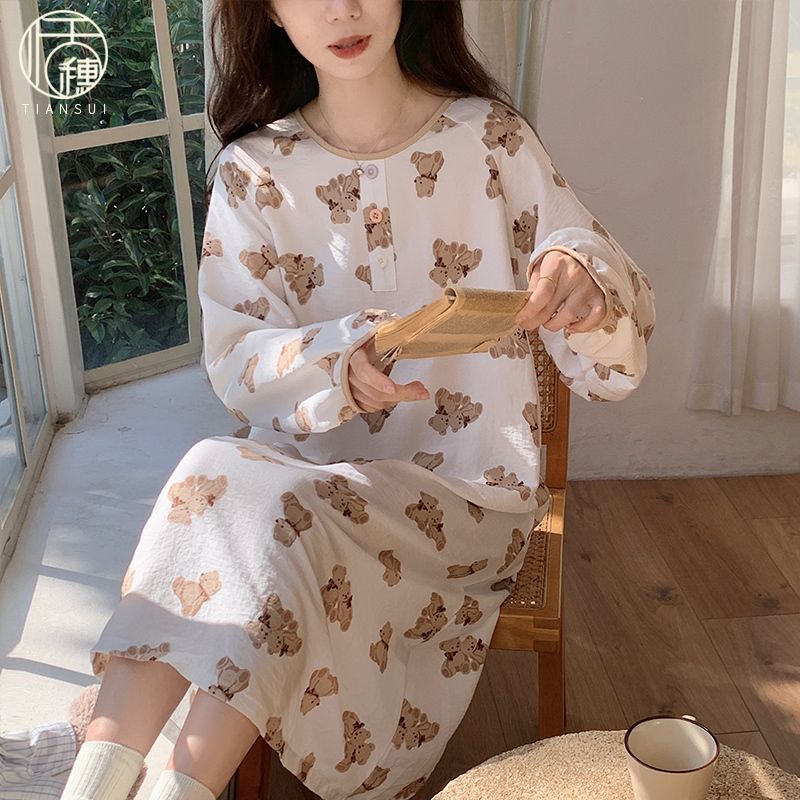 縐布睡裙女春秋季2024新款網紅風長袖睡衣可外穿家居服甜美連衣裙