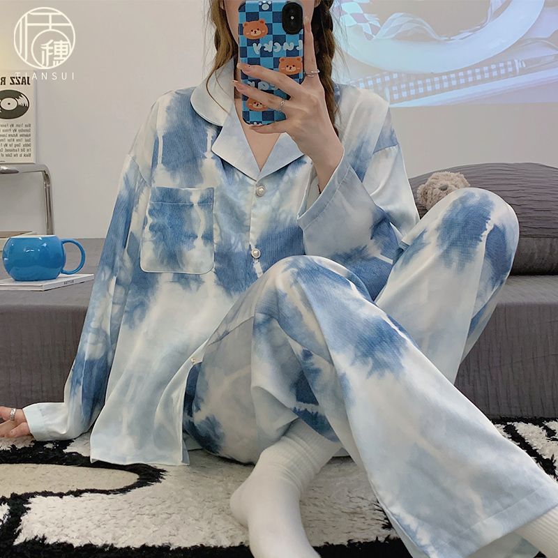 2024年新款扎染睡衣女春秋季冰絲綢長袖高級感夏天薄款家居服套裝