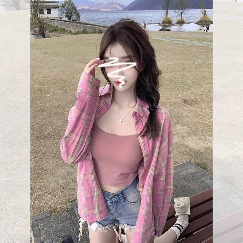 Pink plaid long-sleeved shirt for women spring and summer American retro hot girl design niche fashion sun protection shirt trend