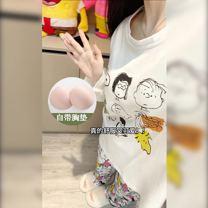 日系卡通史努比睡衣女春秋季純棉長袖圓領可愛學生休閒家居服套裝
