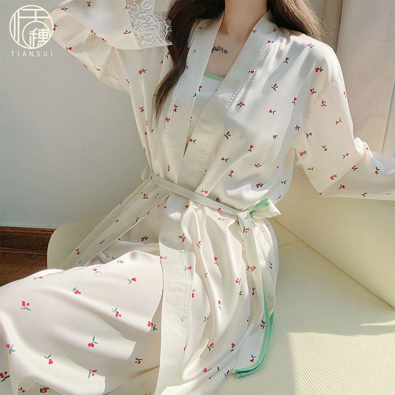 三件套睡衣女春秋季2024年新款夏季冰絲吊帶性感長袖睡袍家居服