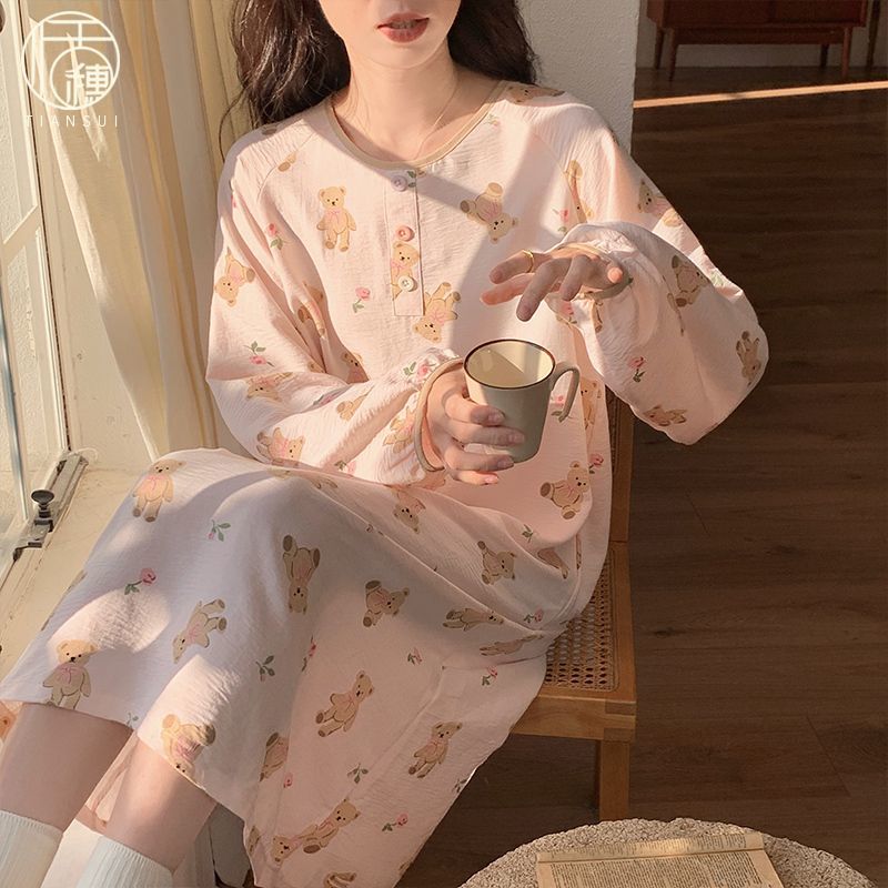 2024年新款睡裙女士春秋季縐布甜美中長款可外穿家居服睡衣連衣裙
