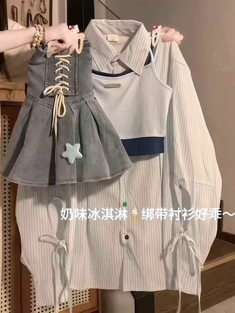 法式復古高級條紋長袖襯衫女春季個性綁帶設計感小眾潮流百搭上衣