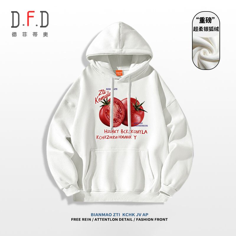 Outer wear autumn and winter new casual creative tomato print Korean version vibe couple wear hooded sweatshirt jacket ins