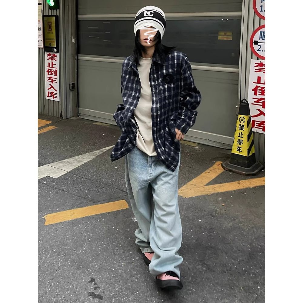 美式復古格子長袖襯衫女春秋季新款寬鬆毛呢襯衣外套oversize上衣