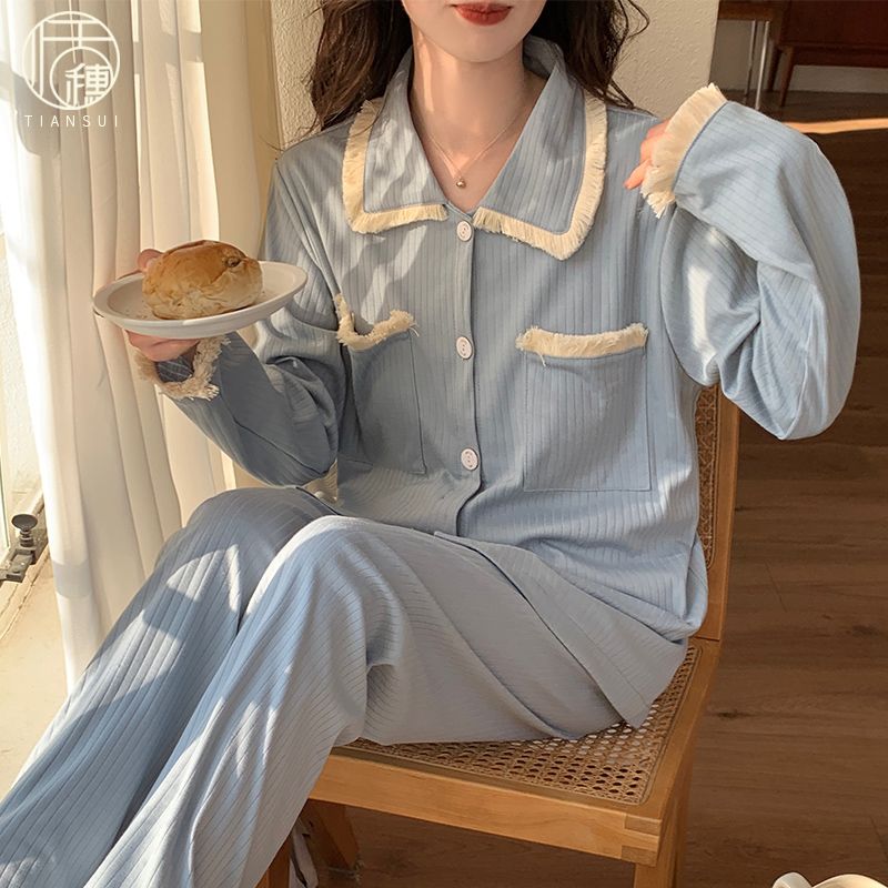 睡衣女士春秋款純棉長袖2024新款夏天薄款可外穿家居服簡約兩件套