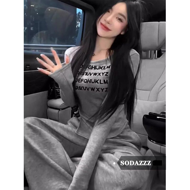 SODAZZZ American retro letter print long-sleeved T-shirt for women in spring and autumn design, lazy style, casual and versatile top