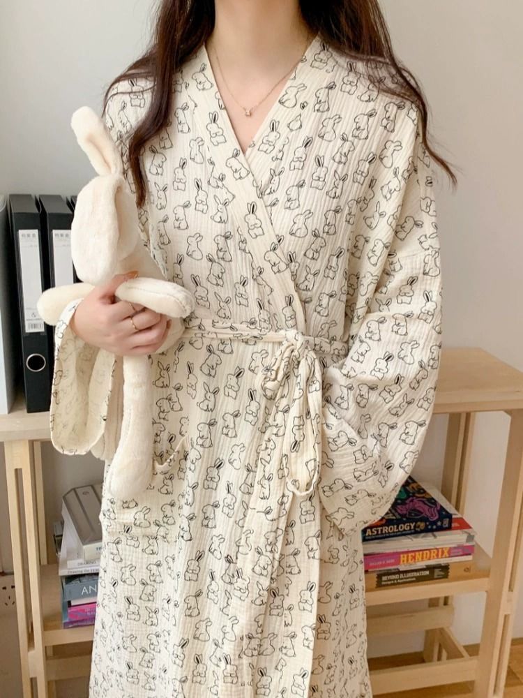 Cartoon cute bunny printed pajamas for women spring and autumn long-sleeved nightgown bathrobe loose long nightgown home clothes
