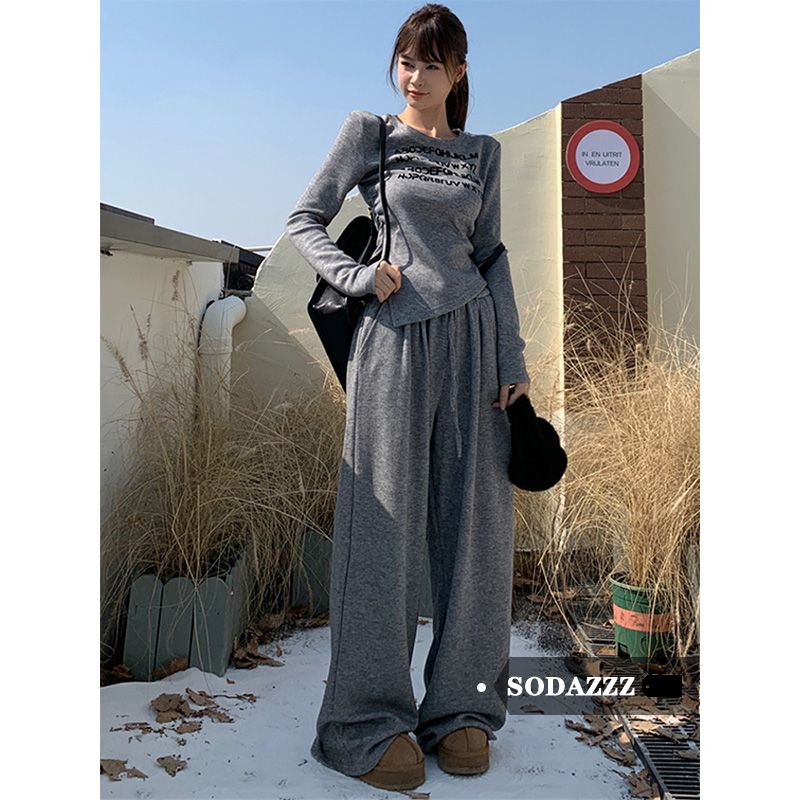 SODAZZZ美式辣妹字母印花長袖T恤女春秋新款寬鬆顯瘦休閒長褲套裝