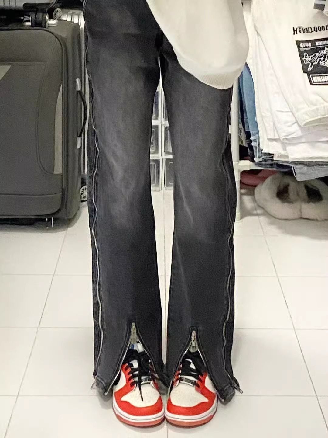 黑灰色設計感小個子開叉拉鏈高腰牛仔褲女春秋新款高街直筒拖地褲