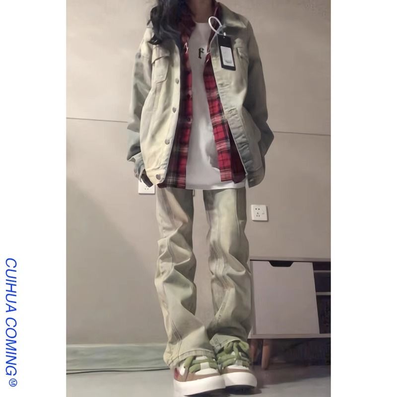 2023爆款復古黃泥色直筒牛仔褲女顯瘦寬鬆設計感小眾高腰闊腿褲子