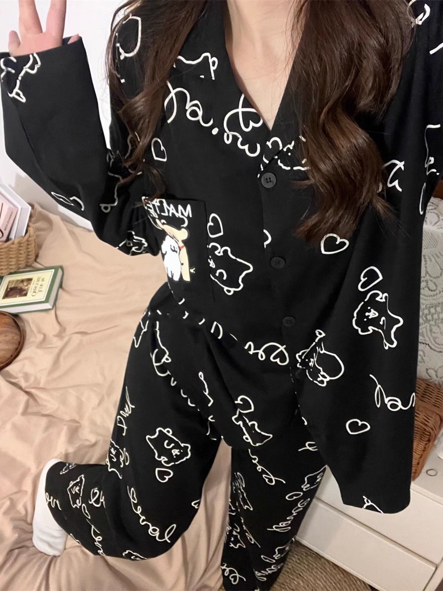 ins style Japanese style black puppy pajamas for women spring and autumn new cartoon sweet and cute outer wear home clothes set