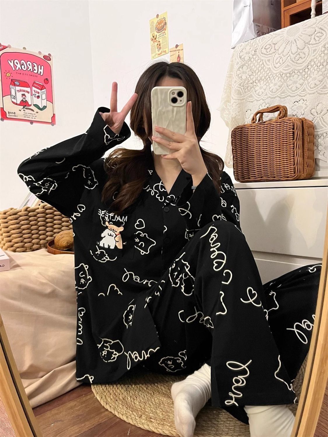 ins style Japanese style black puppy pajamas for women spring and autumn new cartoon sweet and cute outer wear home clothes set