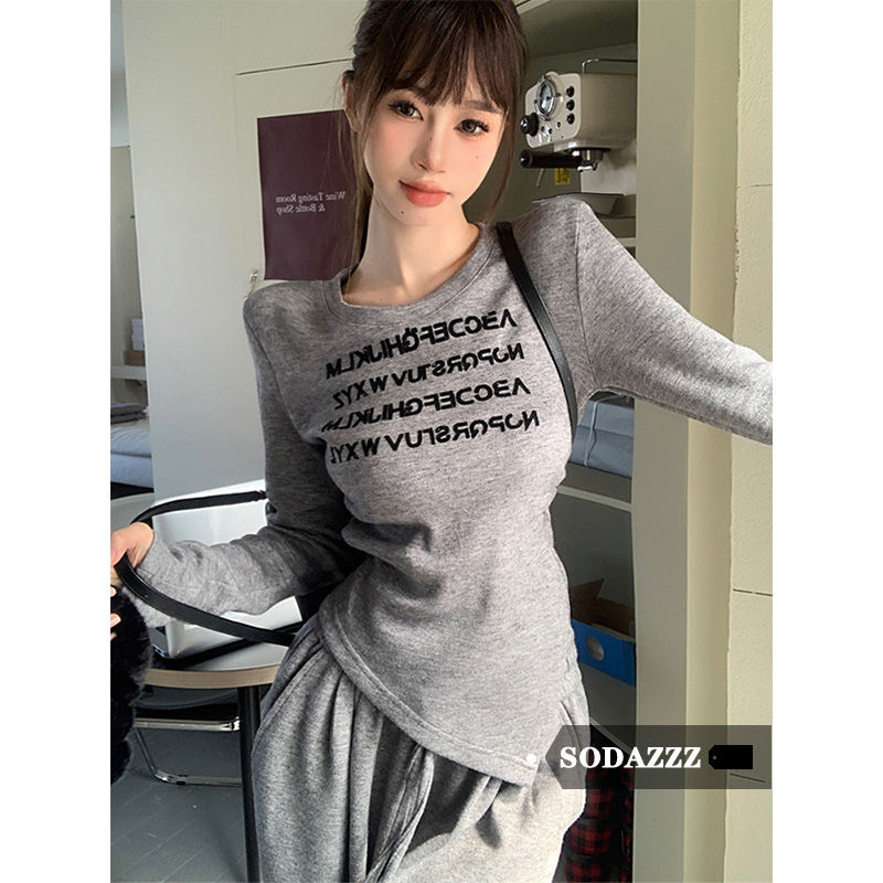 SODAZZZ字母印花修身不規則上衣T恤長袖時尚套裝春秋休閒褲兩件套