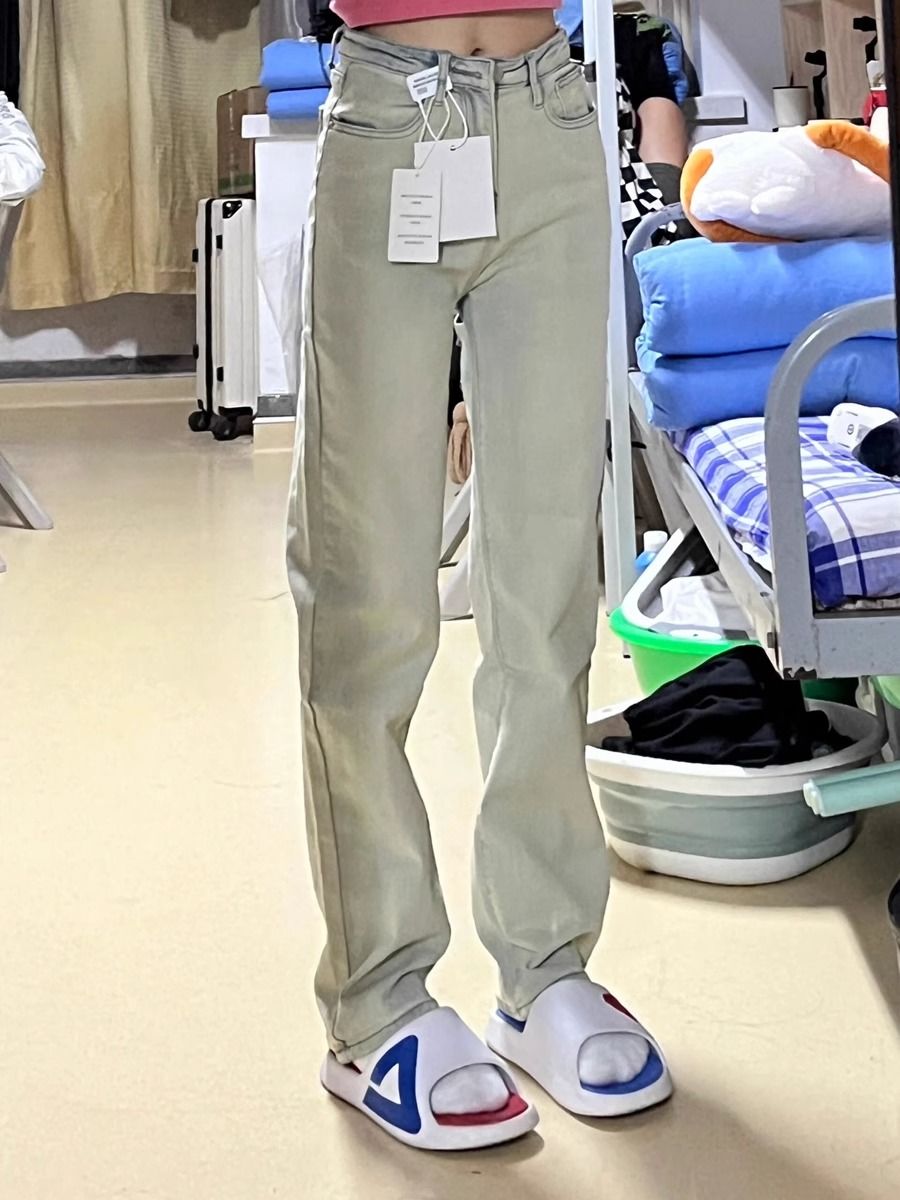 美式高街修身水洗黃泥色牛仔褲女2023爆款顯瘦窄版直筒褲子ins潮