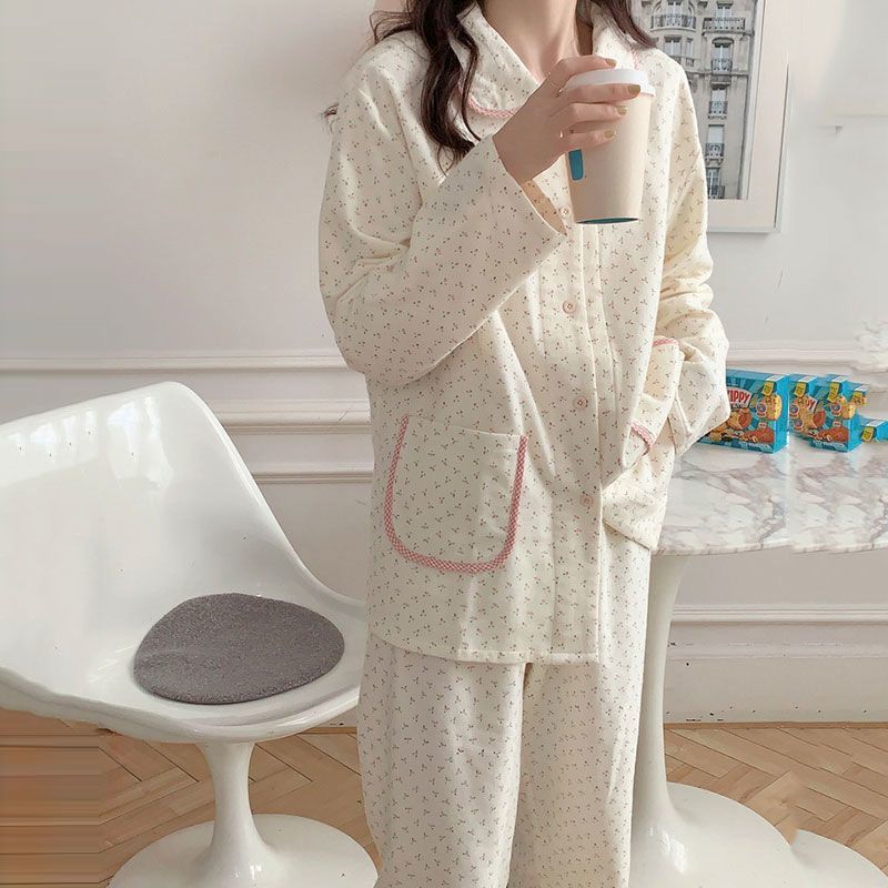 Ins style Korean style pajamas for women spring and autumn new long-sleeved trousers sweet floral loose thin home wear set