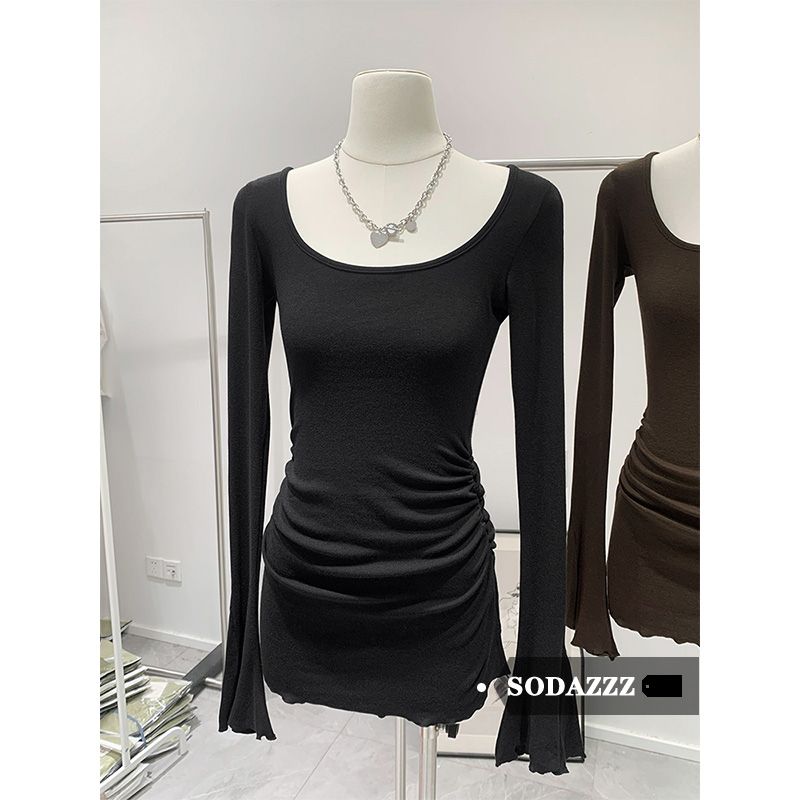 SODAZZZ T-shirt Spring and Autumn New French Round Neck Long Sleeve Sexy Slim Fashionable Bottoming Shirt Top Women's Trendy