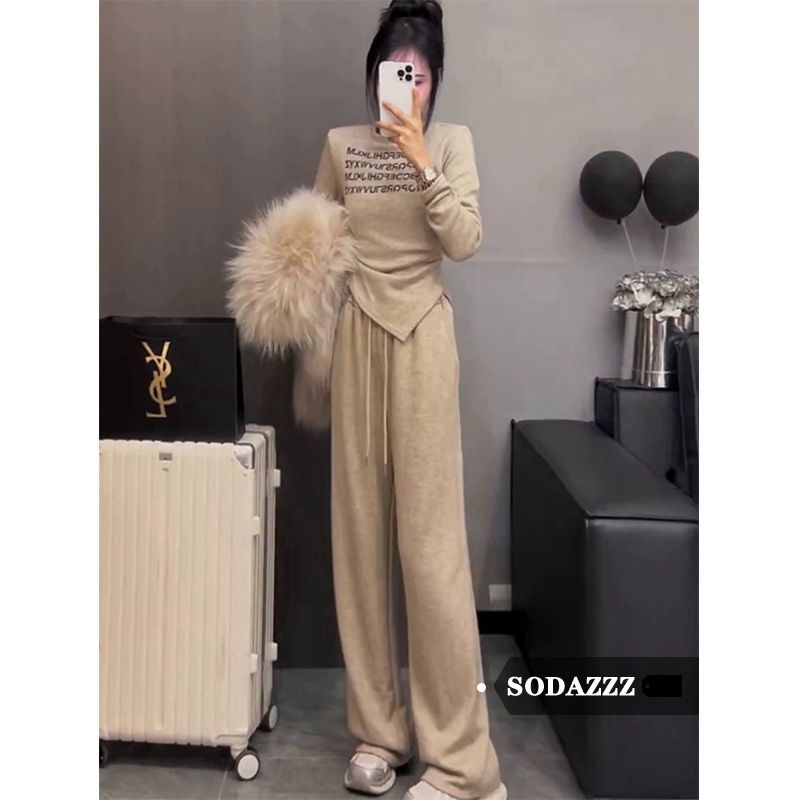 SODAZZZ韓版休閒套裝春秋新款不規則上衣T恤高腰直筒拖地褲兩件套