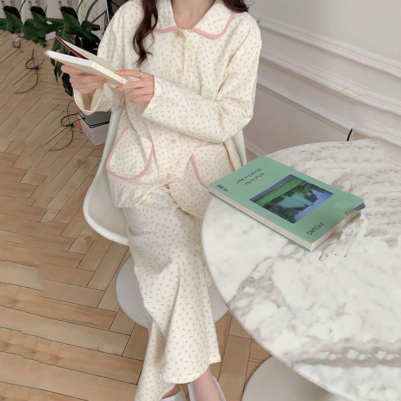 Ins style Korean style pajamas for women spring and autumn new long-sleeved trousers sweet floral loose thin home wear set