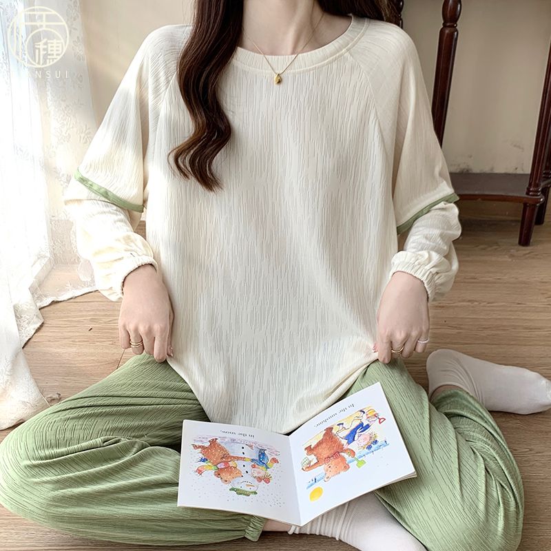 2024新款睡衣女士春秋款甜美休閒純色家居服睡衣套裝兩件套可外穿