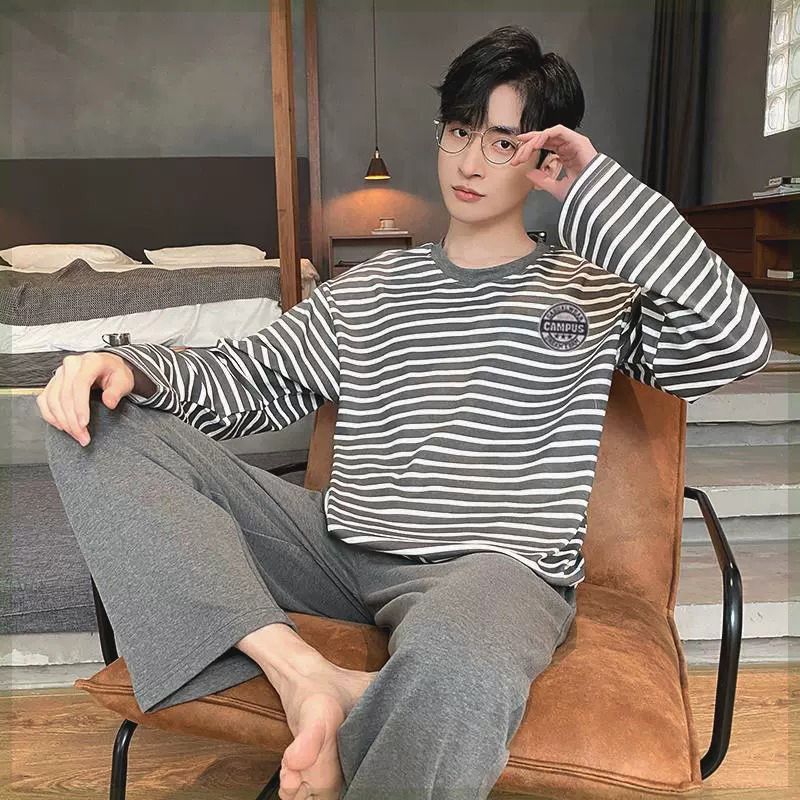 睡衣男春秋款純棉長袖2023新款秋冬青少年男士條紋家居服兩件套