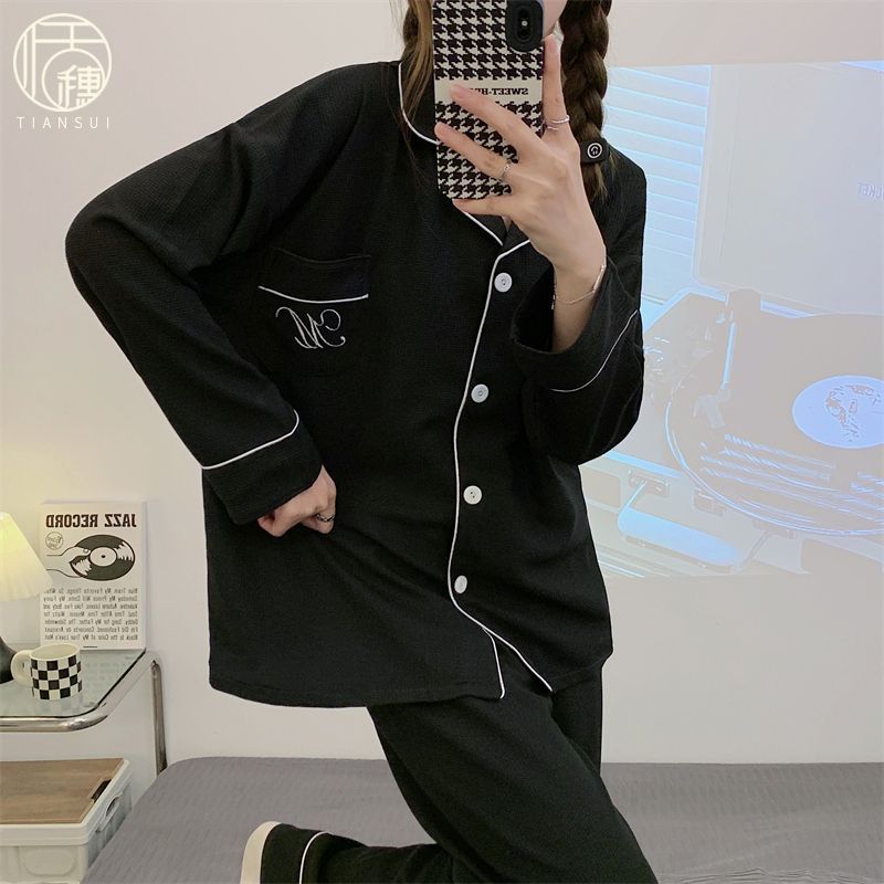 睡衣女春秋季華夫格棉2024年新款高級感長袖兩件套裝薄款家居服