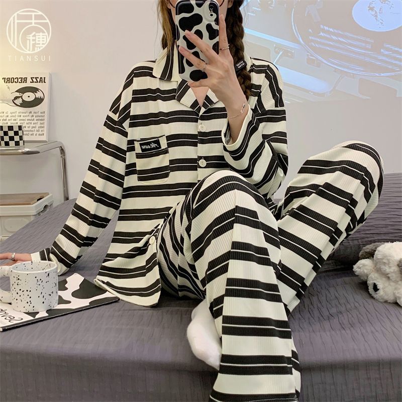 睡衣女春秋季長袖2024年新款休閒條紋家居服寬鬆套裝兩件套可外穿