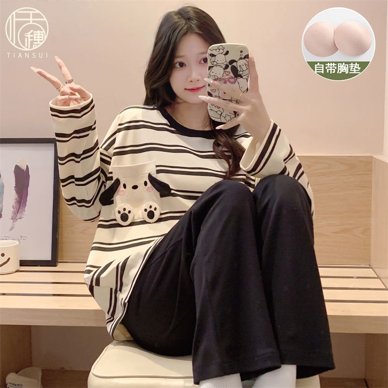 睡衣女春秋2024新款帶胸墊卡通可愛寬鬆休閒家居服兩件套裝可外穿