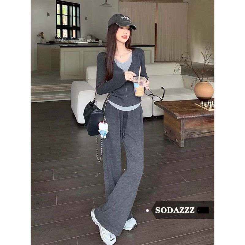 SODAZZZ假兩件拼接修身顯瘦長袖上衣高腰闊腿長褲女春秋時尚套裝