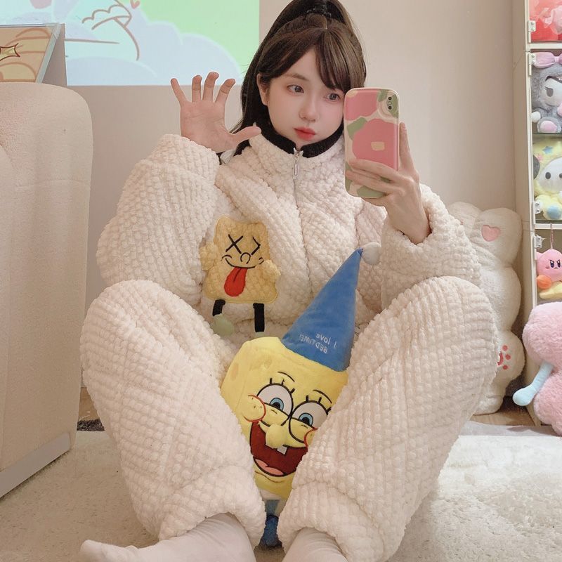 珊瑚絨三層夾棉睡衣女秋冬季加絨加厚保暖可愛拉鏈冬款家居服套裝