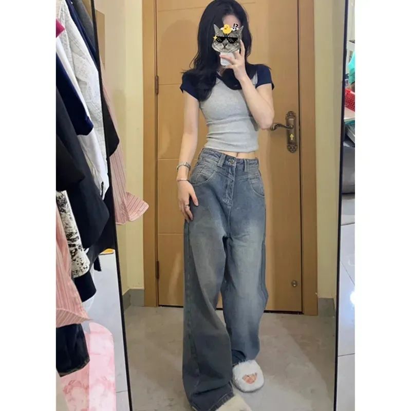 復古高腰闊腿牛仔褲女直筒褲2023年爆款春秋款顯瘦小個子拖地褲子