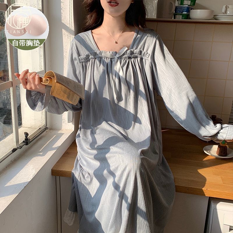 長袖帶胸墊睡裙女春秋季款性感蝴蝶結2024新款公主風長款睡衣裙子