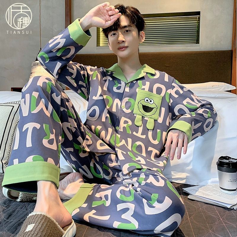 新款男士睡衣春秋季薄款長袖長褲套裝大碼青少年卡通家居服可外穿