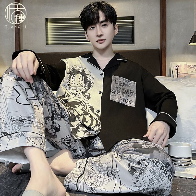 新款睡衣男士長袖春秋季大碼卡通動漫青少年冬天薄款家居服兩件套
