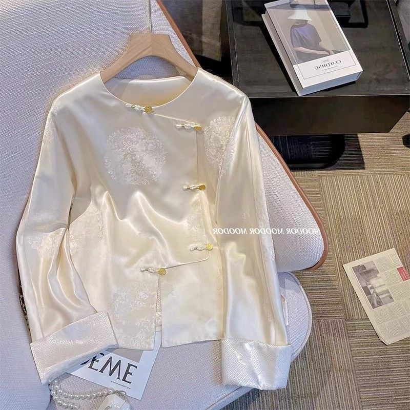 New Chinese style national style disc buckle inside jacquard satin shirt Tang suit improved top women's high-end spring bottoming shirt