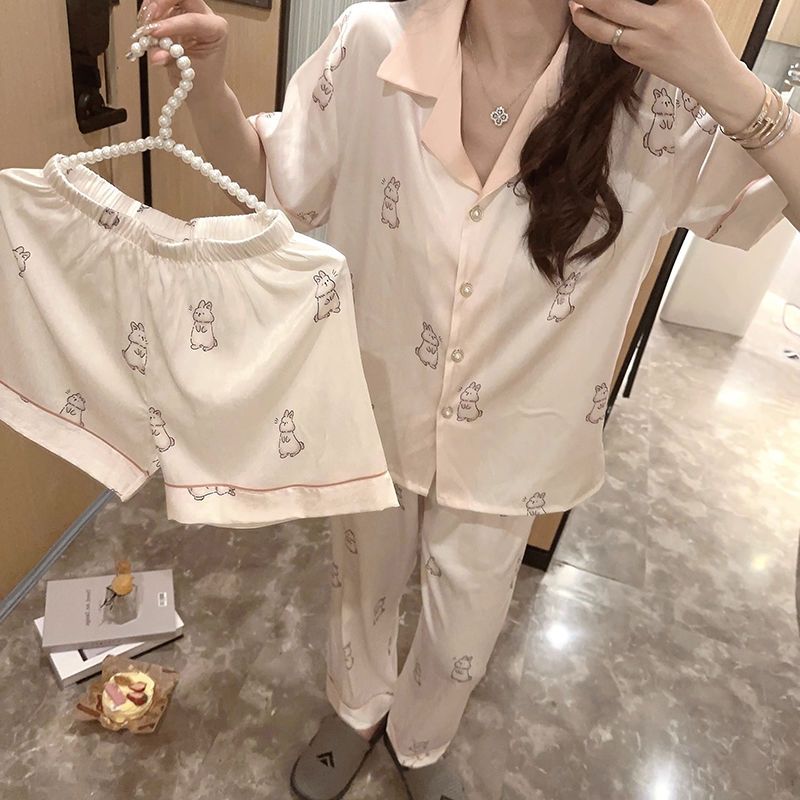 2024 summer ice silk pajamas for women, short-sleeved bow lace, sweet temperament, home wear three-piece set