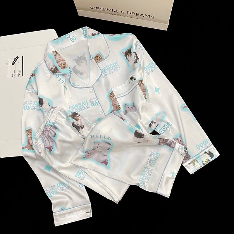 ins cute pet print pajamas for women spring, autumn and summer new high-end ice silk home wear suit that can be worn outside