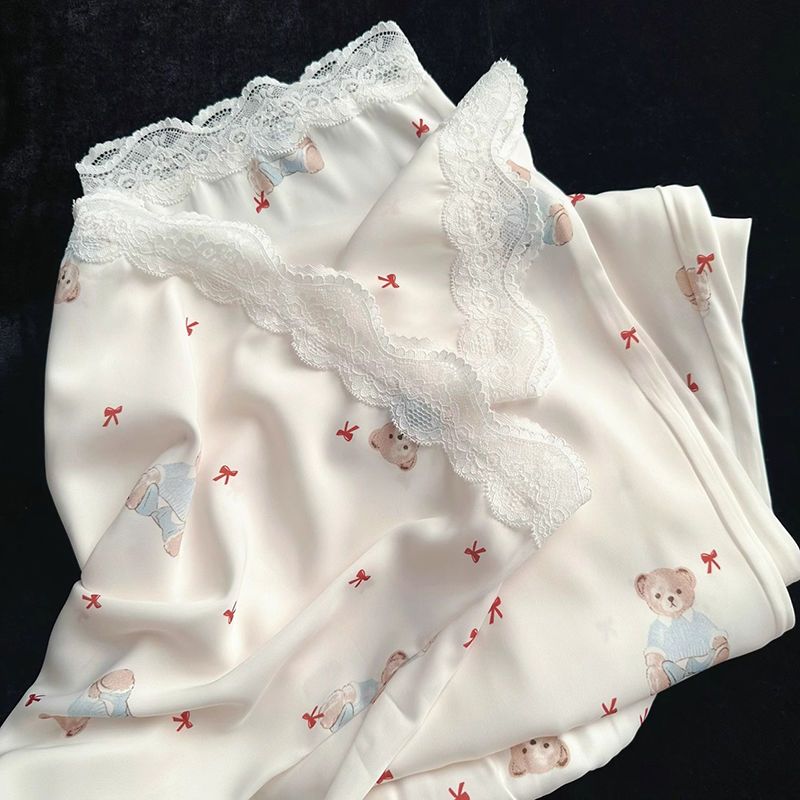 2024 Summer Ice Silk Pajamas Women's Short Sleeve Lace Lace Bear Casual Wearable Outerwear Home Clothes Three-piece Set