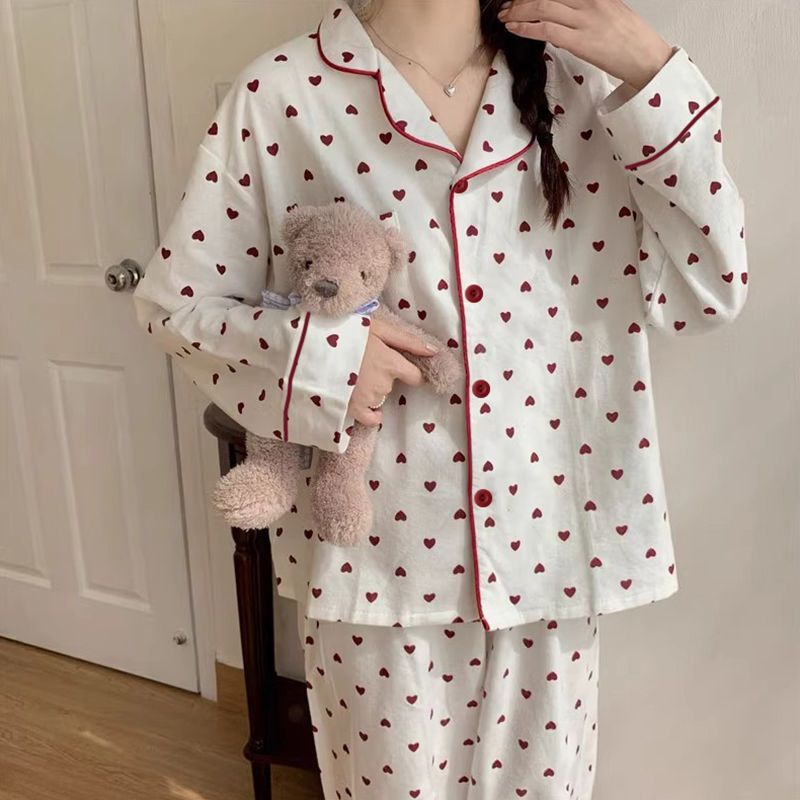 Love printed long-sleeved trousers pajamas for women spring and autumn new sweet girl can wear autumn and winter home clothes set