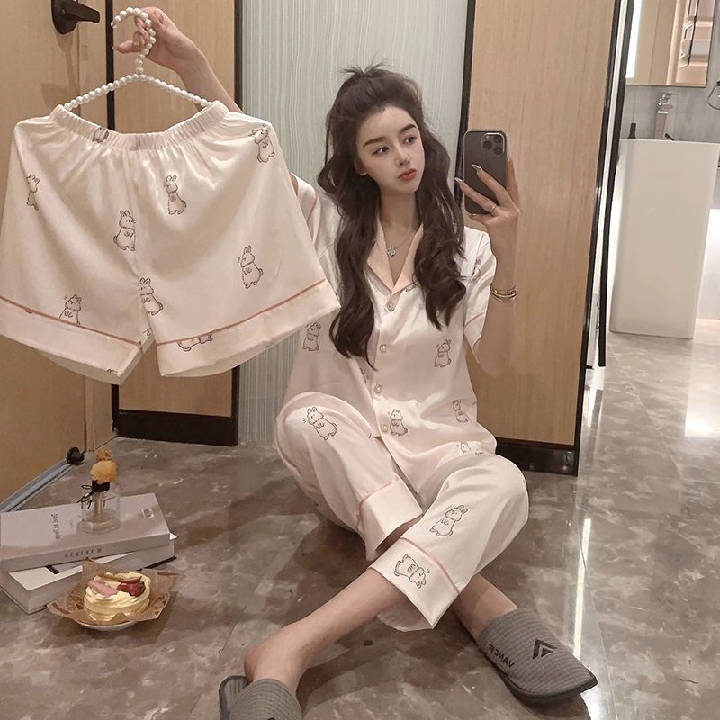2024 summer ice silk pajamas for women, short-sleeved bow lace, sweet temperament, home wear three-piece set